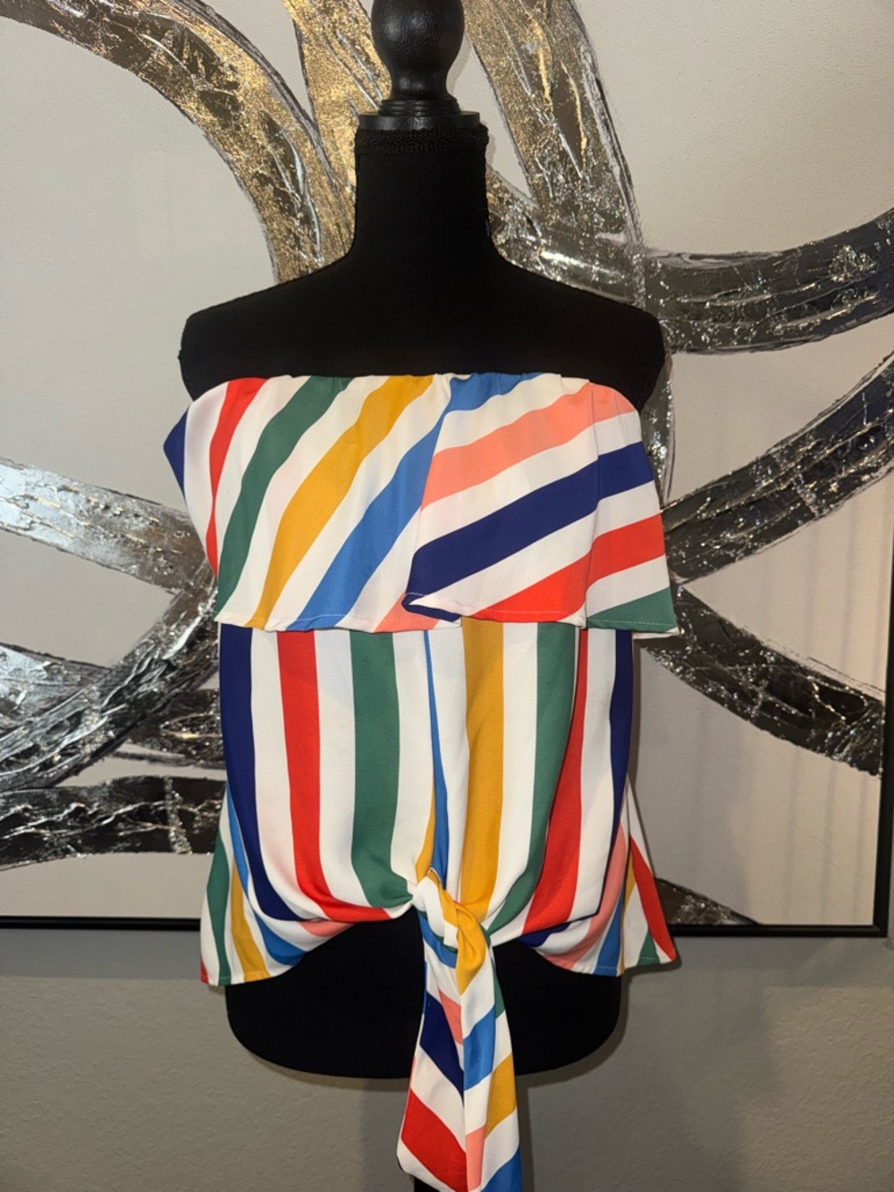 Impressions Off-Shoulder Multi-Stripe Tie-Front Crop Top
